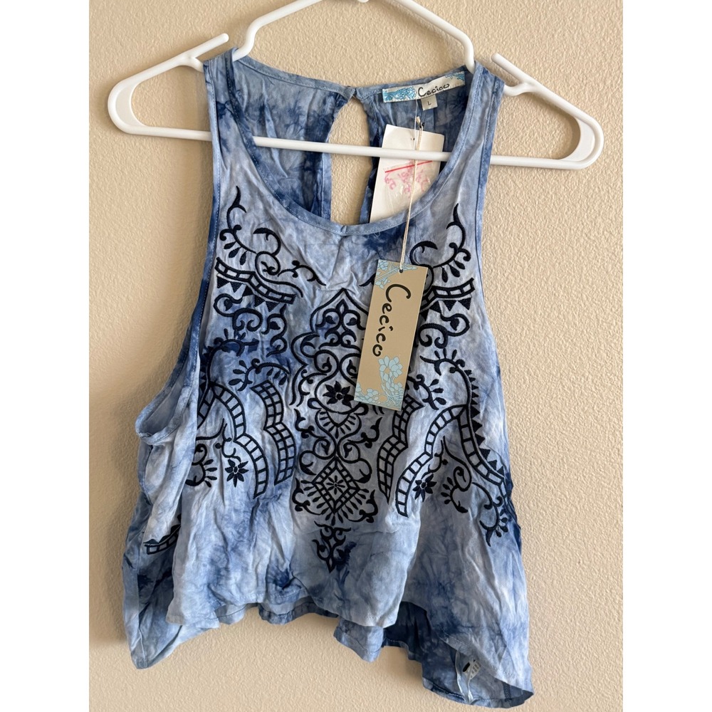 Cecico Women Blue Tie Dye Embroidered Sleeveless Boho Tank Top Size L 2PB400